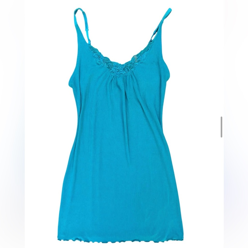 Vintage Turquoise Blue Lace Trim Slip Dress with Adjustable Straps